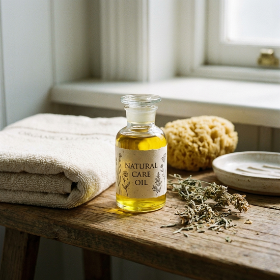 Kleine Flasche mit natürlichem Pflegeöl neben einem sauberen, gefalteten Handtuch