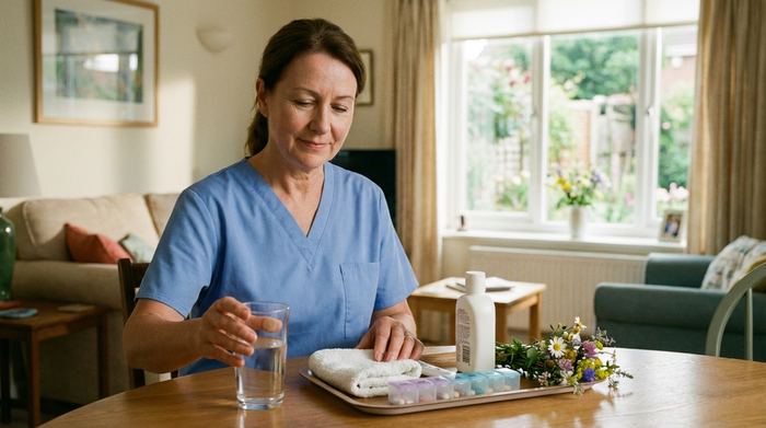 Pflegerin bereitet vorsichtig ein Glas mit klarem Wasser und Pflegeutensilien vor