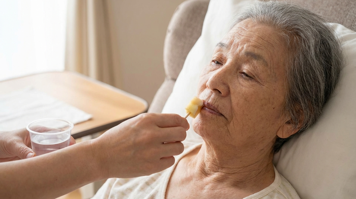 Sanftes Befeuchten der Lippen eines älteren Menschen mit einem weichen Schwämmchen