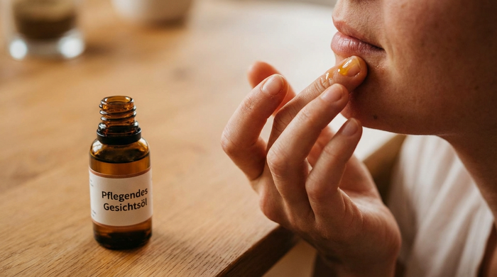 Einreiben der Mundwinkel mit pflegendem Öl durch eine behutsame Hand