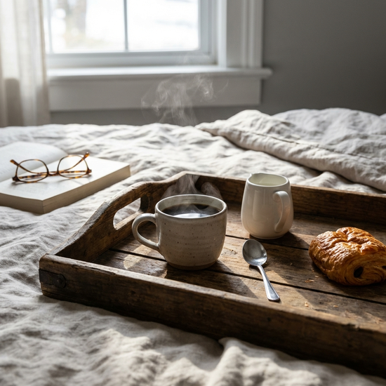 Kleine Tasse mit frisch gebrühtem Kaffee auf einem Holztablett am Bett