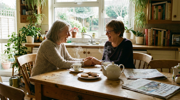 Zwei Frauen sitzen bei einer Tasse Tee am Küchentisch und führen ein vertrautes Gespräch