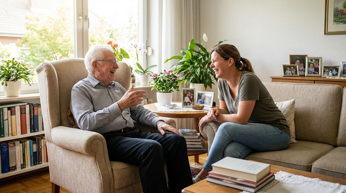 Älterer Herr und Pflegerin sitzen entspannt im Wohnzimmer und unterhalten sich lächelnd.