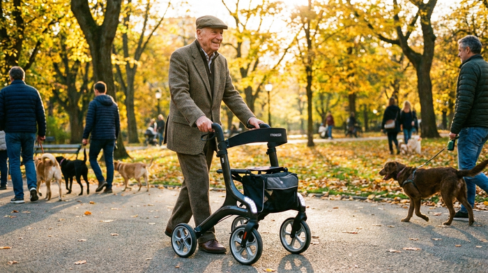 Senior geht sicher mit einem modernen Rollator durch einen Park.