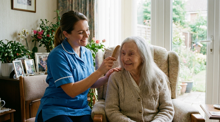 Pflegerin hilft einer älteren Dame liebevoll beim Haarekämmen.