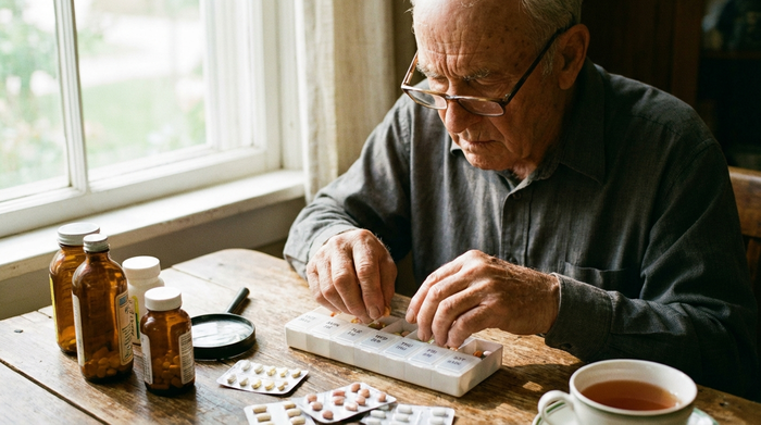 Senior sortiert konzentriert seine Medikamente in eine Tablettenbox.