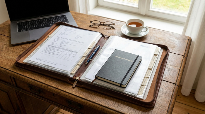Ordentlich sortierte Mappe mit ärztlichen Dokumenten und einem Notizbuch auf einem Schreibtisch.