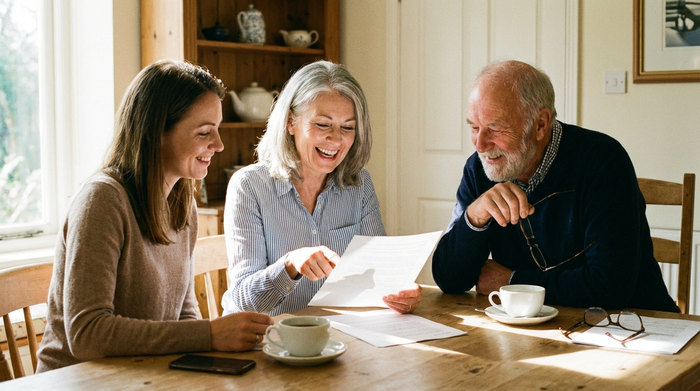 Zwei Frauen und ein älterer Herr sitzen gemeinsam am Tisch und besprechen entspannt Unterlagen.