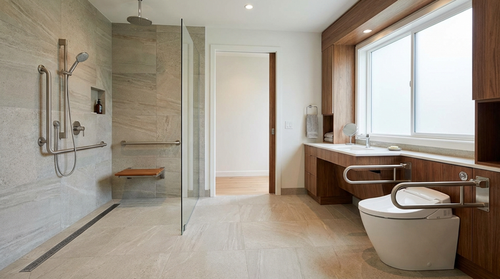 Modernes, barrierefreies Badezimmer mit bodengleicher Dusche und Haltegriffen.