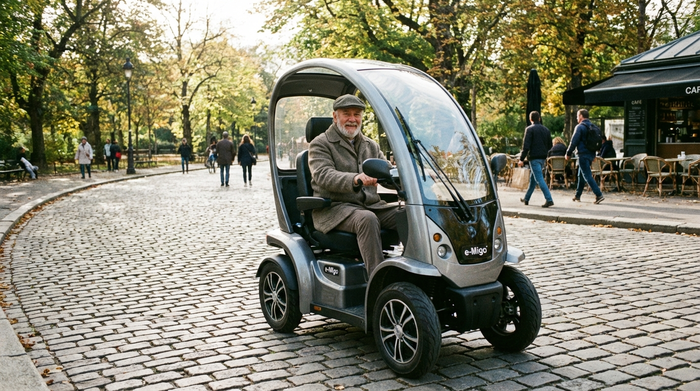 Senior fährt mit einem modernen Elektromobil über einen gepflasterten Weg.