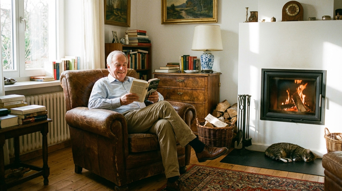 Älterer Herr sitzt entspannt in seinem gemütlichen Wohnzimmer und liest ein Buch.
