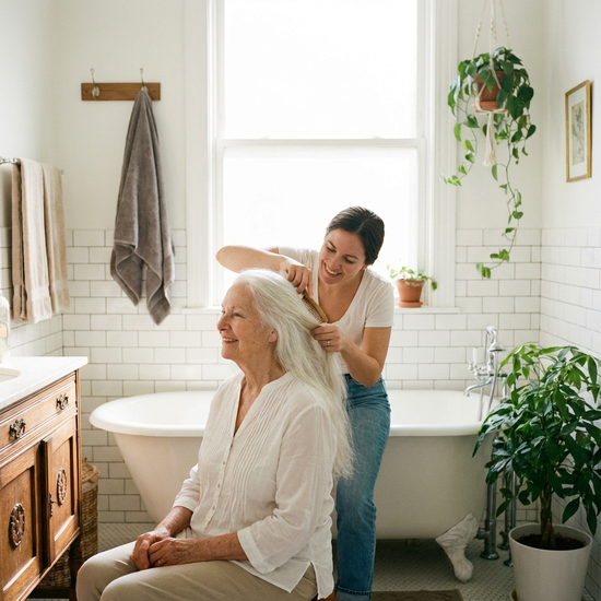 Tochter hilft ihrer älteren Mutter liebevoll beim Kämmen der Haare im hellen Badezimmer.