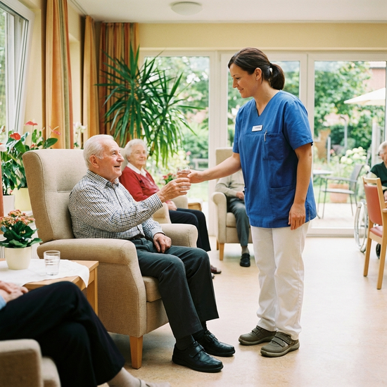 Professionelle Pflegerin in Dienstkleidung reicht einem Senior ein Glas Wasser.