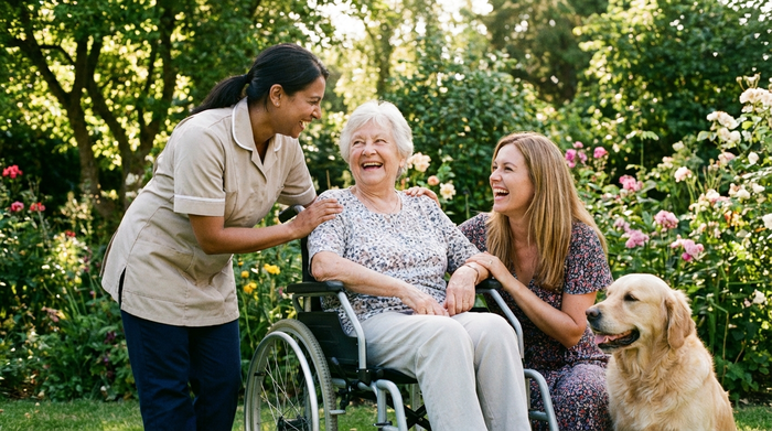 Pflegerin und Angehörige lachen gemeinsam mit der Seniorin im Garten.