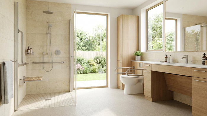 Helles, barrierefreies Badezimmer mit ebenerdiger Dusche und Haltegriffen.