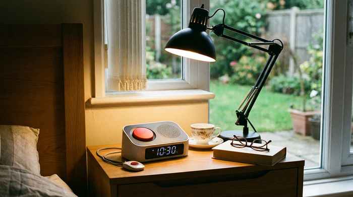 Kompaktes Hausnotruf-Gerät auf einem Nachttisch neben einer Leselampe.