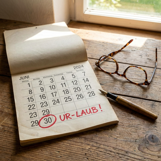 Kalender mit rot markiertem Datum am 30. Juni, daneben eine Brille und ein Stift