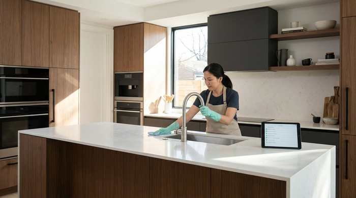 Professionelle Haushaltshilfe beim Reinigen einer modernen Küche