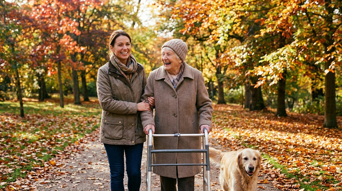 Pflegerin und Seniorin beim gemeinsamen Spaziergang im herbstlichen Park