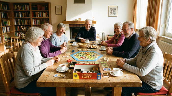 Senioren spielen gemeinsam ein Gesellschaftsspiel an einem großen Tisch