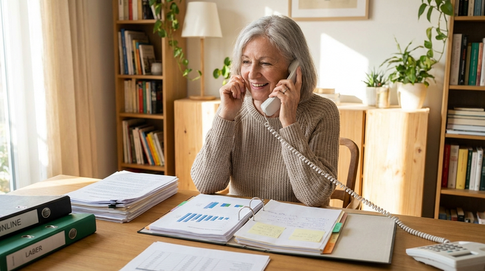 Seniorin sitzt am Schreibtisch und telefoniert entspannt, vor ihr liegen übersichtliche Unterlagen