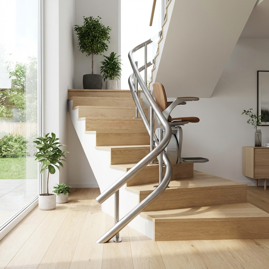 Moderner Treppenlift an einer hellen Holztreppe in einem gepflegten Einfamilienhaus