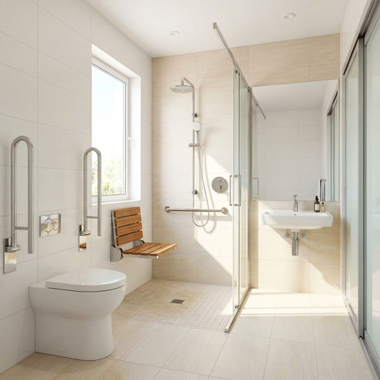 Helles, barrierefreies Badezimmer mit bodengleicher Dusche, Haltegriffen und einem klappbaren Duschsitz