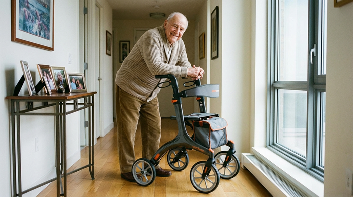 Älterer Herr stützt sich sicher auf einen modernen Rollator im Flur seiner Wohnung