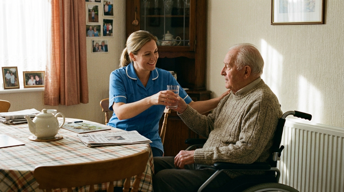 Pflegerin reicht einem Senior geduldig ein Glas Wasser am Esstisch
