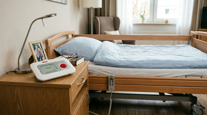 Hausnotruf-Basisstation auf einem Nachttisch neben einem Pflegebett