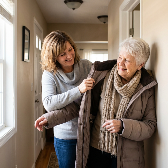 Tochter hilft ihrer älteren Mutter liebevoll beim Anziehen einer Jacke