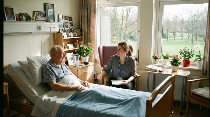 Krankenhauszimmer mit einem Senior im Bett, der sich mit einer Sozialarbeiterin unterhält