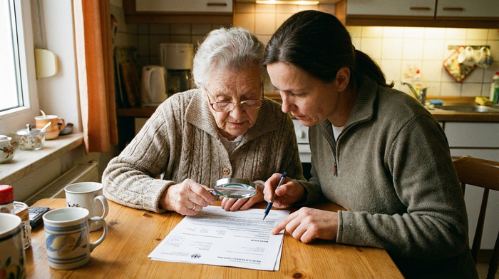 Seniorin und ihre Tochter betrachten gemeinsam konzentriert ein offizielles Dokument am Küchentisch