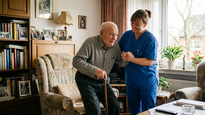 Pflegerin hilft älterem Herrn behutsam beim Aufstehen aus dem Sessel