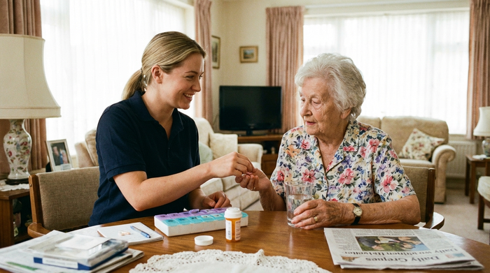 Seniorin wird bei der Einnahme von Medikamenten unterstützt