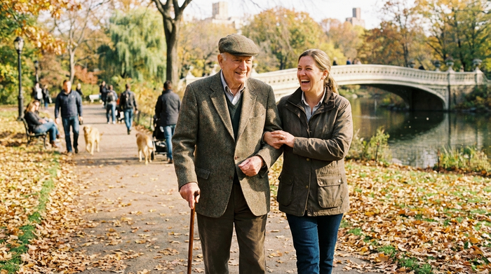 Pflegekraft begleitet Senior bei einem Spaziergang im Park