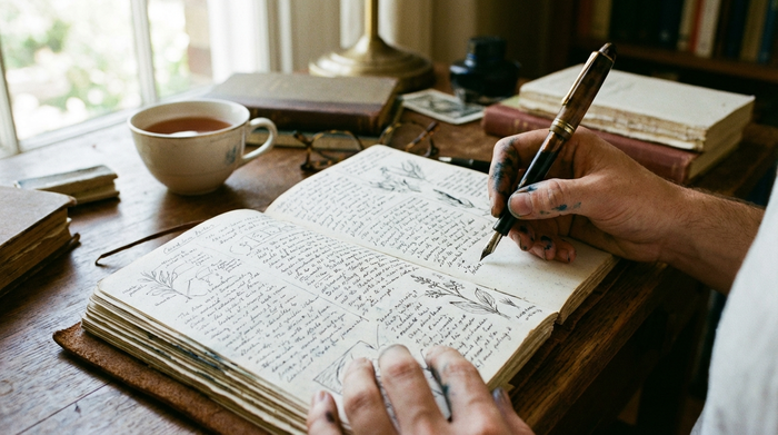 Eine Hand schreibt mit einem Stift detaillierte Notizen in ein aufgeschlagenes Notizbuch