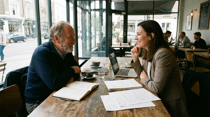 Zwei Personen sitzen im Gespräch an einem Tisch, Unterlagen liegen bereit
