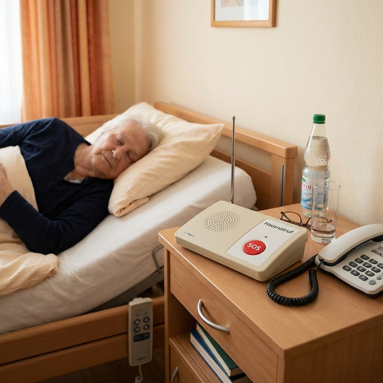 Hausnotruf-Gerät steht griffbereit auf einem Nachttisch neben einem Pflegebett