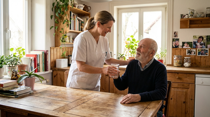 Freundliche Pflegerin reicht einem älteren Herrn ein Glas Wasser am Küchentisch