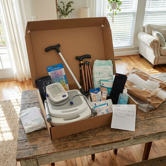 Geöffnetes Paket mit verschiedenen Pflegehilfsmitteln auf einem Tisch