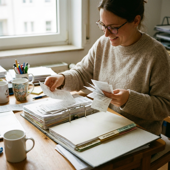 Person sortiert Einkaufsquittungen in einen Aktenordner