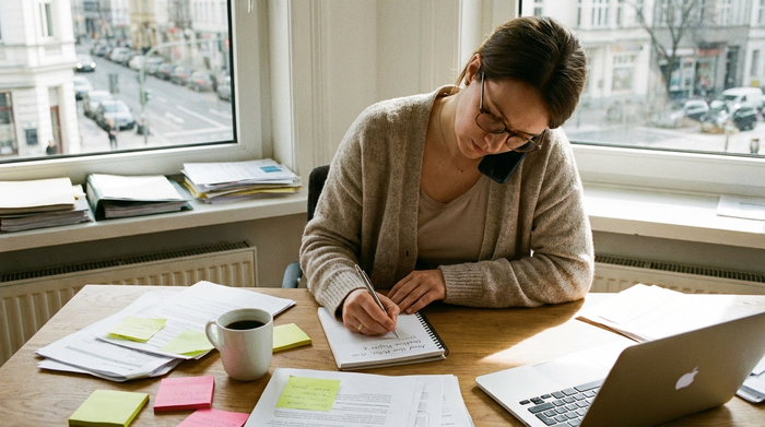 Frau telefoniert am Schreibtisch und macht sich Notizen