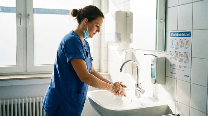 Pflegerin wäscht sich gründlich die Hände an einem hellen Waschbecken