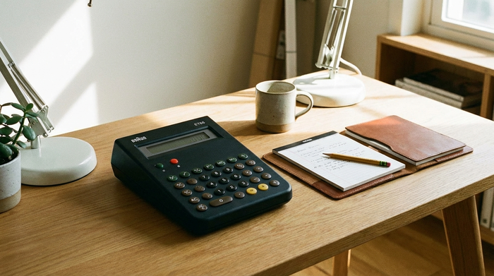Taschenrechner und Notizblock liegen auf einem aufgeräumten Schreibtisch