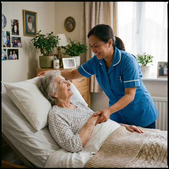 Pflegerin richtet das Kissen einer bettlägerigen Seniorin