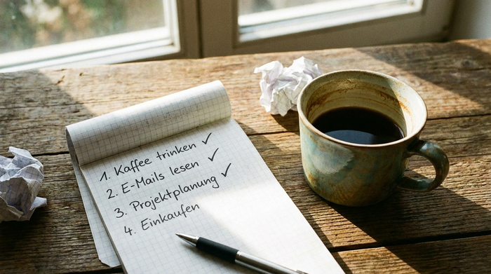 Notizblock mit einer abgehakten Checkliste neben einer Kaffeetasse
