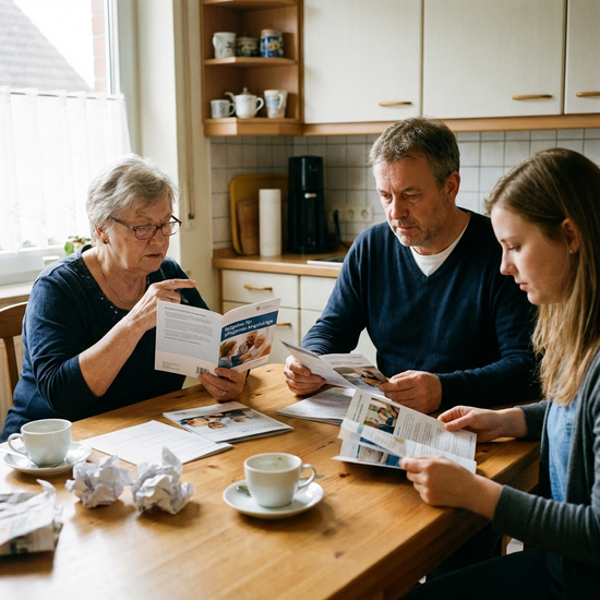 Angehörige beim Lesen von Informationsmaterial zur häuslichen Pflege