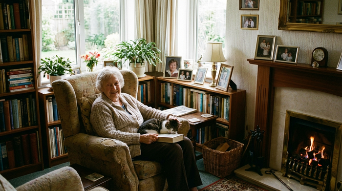 Ältere Dame sitzt entspannt in ihrem gemütlichen Wohnzimmer