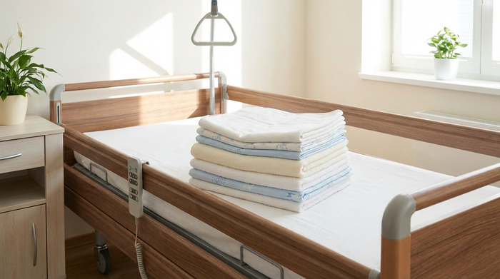 Saubere, gefaltete Bettschutzeinlagen auf einem Pflegebett